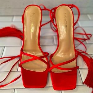 Fashion Nova Red Wrap Around Tassel heel sandals size 8 (worn once)